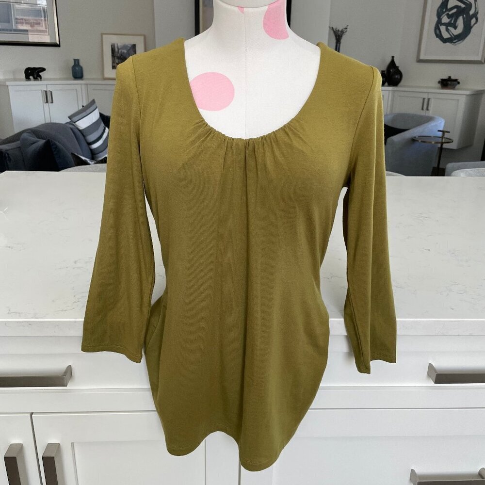 Grace Elements Scoop Neck 3/4 Sleeve Lined Rayon Spandex Top Avocado Green Sz S